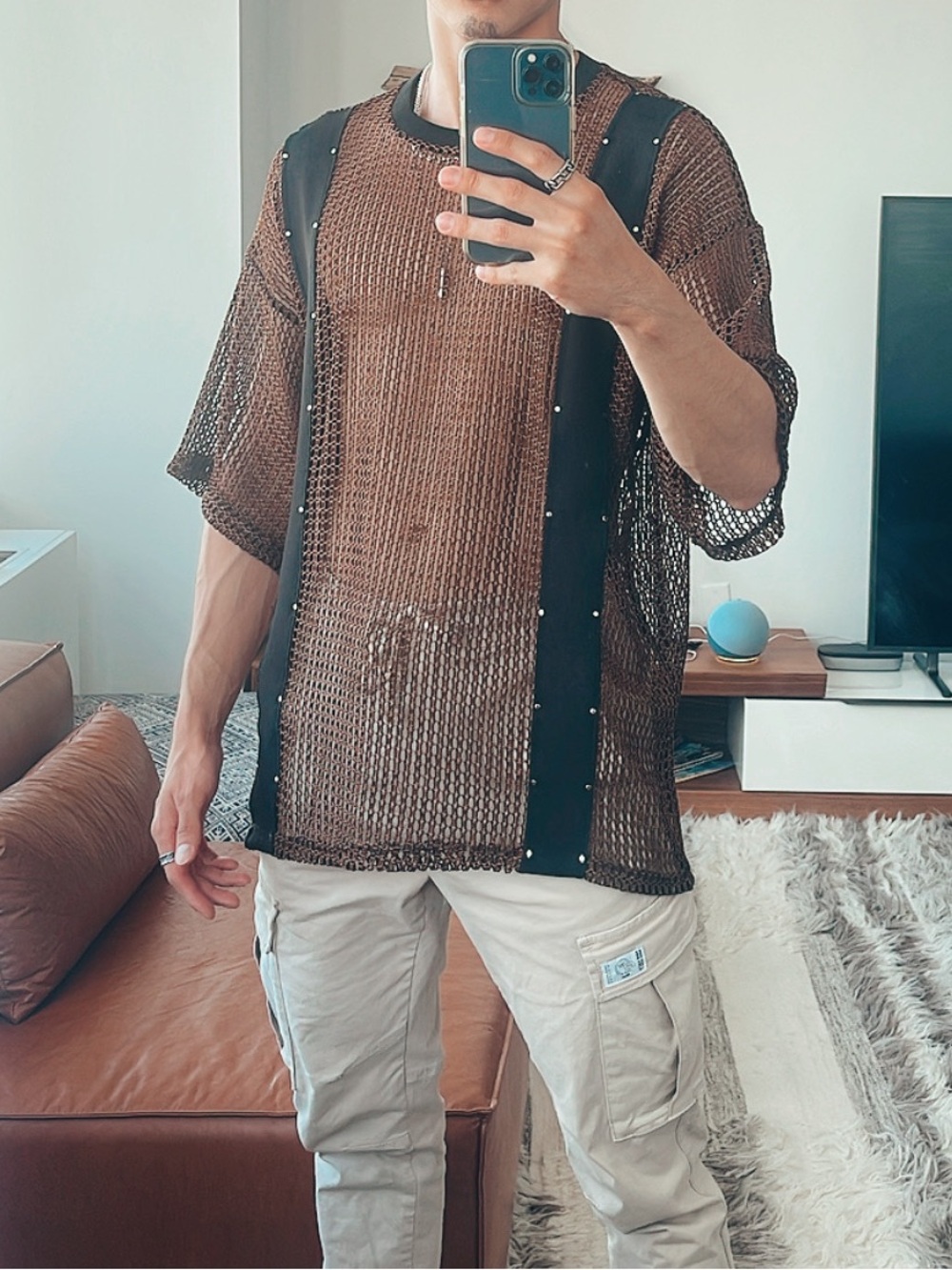 Brown Mesh Short-Sleeve Men's Shirt